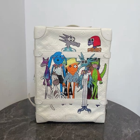 LOUIS VUITTON SOFT TRUNK 塗鴉箱型稻草人老花壓紋盒子包 牛皮 手提包後背包 98新配件塵袋