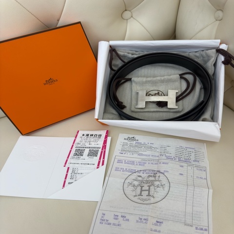 全新HERMES深藍色Togo霧面銀H釦頭寬皮帶90cm