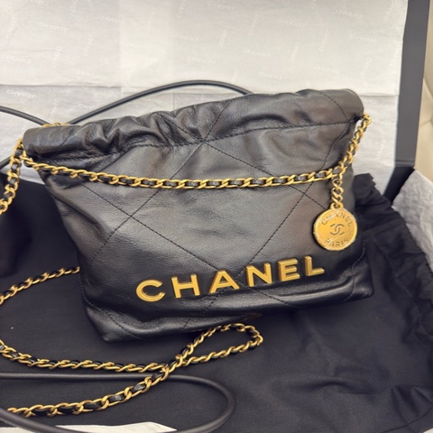 二手CHANEL黑色金字22bag mini 垃圾袋AS3980B 25P