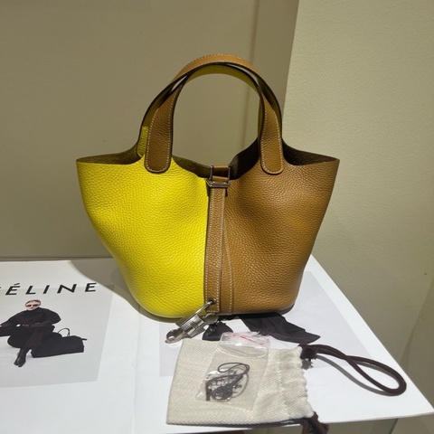 Hermes  愛馬仕菜籃子 檸檬黃拼金棕色。 Y刻