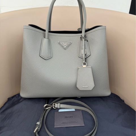 Prada/普拉達 doudle十字紋灰色牛皮單肩手提包