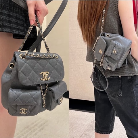 99新Chanel 香奈兒24A芯片 灰色淡金扣荔枝牛皮mini Duma青蛙雙肩，