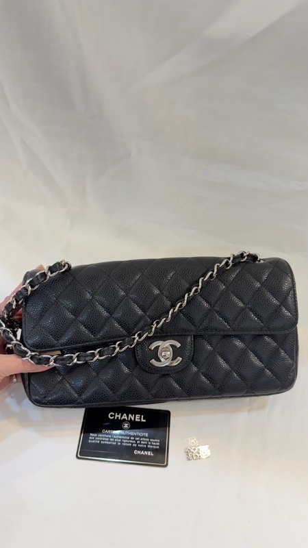 美兔精品Chanel 經典黑銀上肩鏈包荔枝紋法棍包保卡/雷標｜拍拍圈安心購