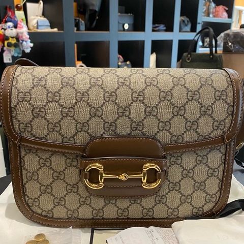 Gucci  古馳 1955馬銜扣馬鞍包 棕色老花拼皮尺寸：25 x 18 x 6 cm