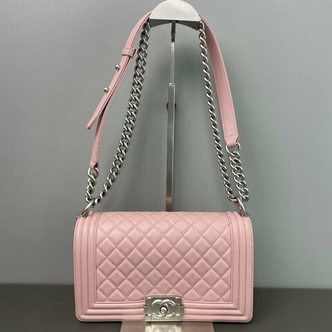 Chanel/香奈兒 Leboy粉色羊皮中號鏈條包單肩包斜挎包