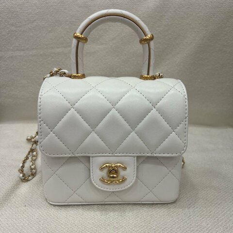 【稀有款】香奈兒 Chanel 迷你手柄方盒包 白色 小羊皮 金扣｜閒置未使用