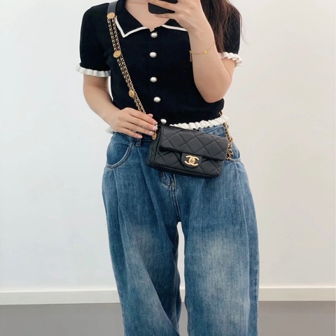 CHANEL AS3368 Caviar菱格紋小牛皮金幣迷你斜背包