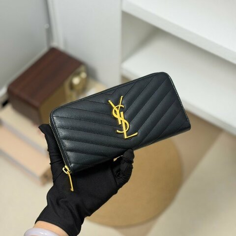 🏷YSL 聖羅蘭．Monogram 魚子醬拉鍊長夾 黑金