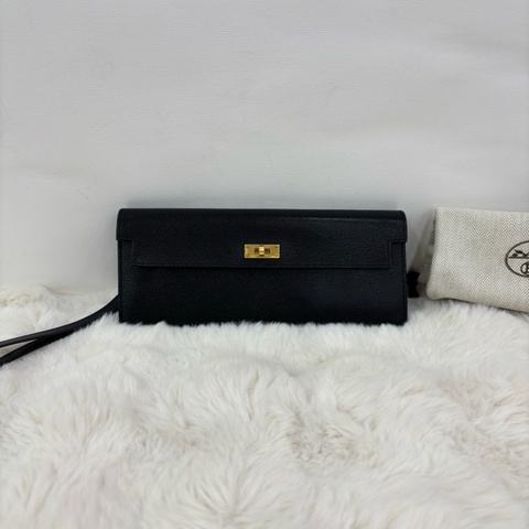 Hermes 愛馬仕 Kelly pocket 長錢包 黑色金扣 山羊皮 手拿包 w刻