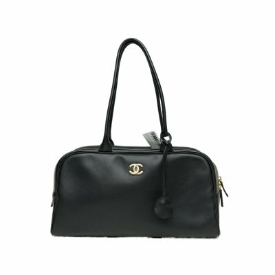 CHANEL 黑色 牛皮晶片開 金扣 26S 保齡球包 大號 36cm