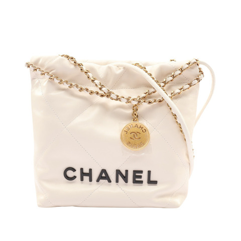 CHANEL 香奈兒 Mini 22 鍊帶 兩用包 白色 牛皮 金扣 AS3980