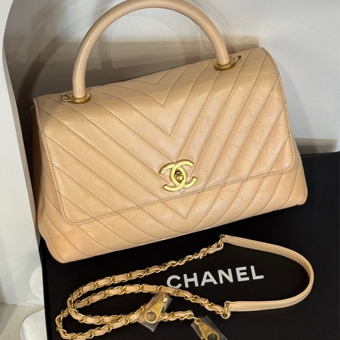 CHANEL 山形紋COCO HANDLEG 手提側背包 牛皮米白 A92991/25開