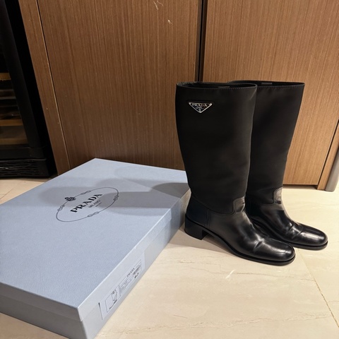 PRADA 1W411M 黑色 Nylon × Leather 三角Logo 長靴 39｜附原盒