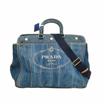 PRADA 沙灘包 復古印花 大號 40 藍色 牛仔布