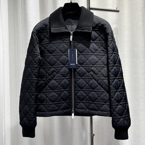DIOR 迪奧 夾克外套 夾棉 菱形衍縫 內襯暗繡logo 拉鍊 針織領 翻領 黑色