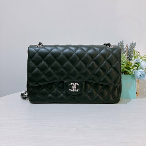 TK2144	香奈兒 經典翻蓋 CF 30 小羊皮 黑銀 Chanel Classic Double Flap Bag 30cm Lambskin Black x PHW #1