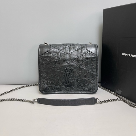 YSL聖羅蘭 Niki迷你黑色全皮銀鏈郵差包