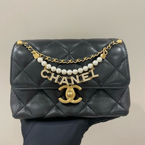 Chanel 香奈兒 24a珍珠鏈條方胖子單肩包斜挎包 黑色金扣