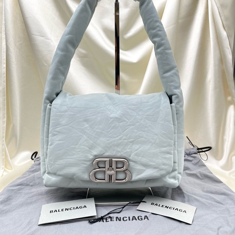 🌷全新品相！Balenciaga 巴黎世家 Monaco 牛皮做舊銀扣 淺藍 小號