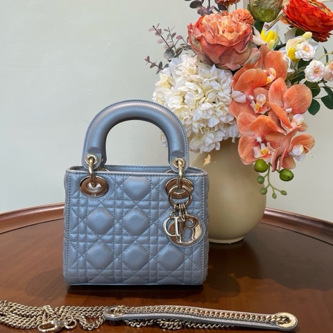 Dior迪奧 迷你Lady Dior 戴妃包 珠光灰