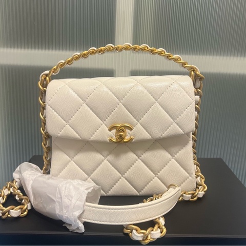 Chanel香奈兒 24s 白色 復古皮穿鏈金屬手柄方胖子 荔枝紋牛皮菱格 25年芯片款