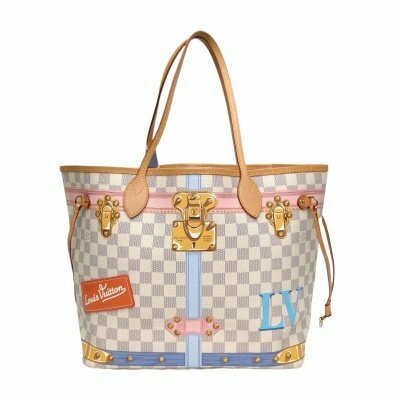 LOUIS VUITTON Neverfull 中號 31 配子袋 白棋格 PVC 金扣 2018 宮廷印花