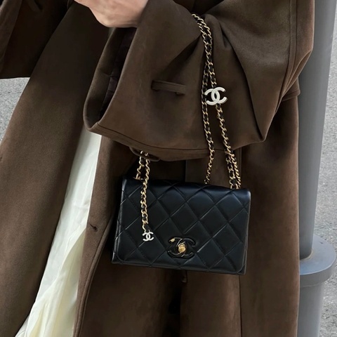 💎Chanel香奈兒｜24c琺瑯調節扣CF方胖子｜黑金菱格+黑白琺瑯扣｜閒置新芯片款
