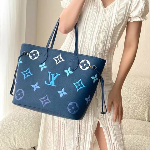LV 漸變藍全皮 Neverfull中號 托特包 芯片款 32*28*16 98新配件塵袋