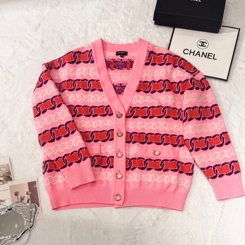 CHANEL 23P 粉紅色鏈條提花開衫