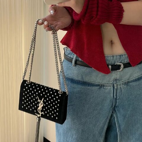 YSL 黑銀鉚釘魚子醬kate中號鏈條包 24*14.5*5.5 98新配件塵袋 購證