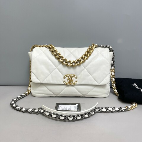 Chanel 19bag中號白金全皮菱格包肩背包斜背包