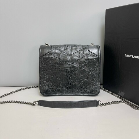 YSL Niki迷你黑色全皮銀鏈郵差包斜背包肩背包