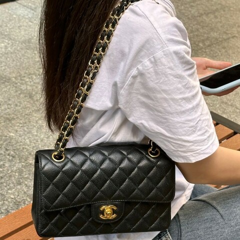 Chanel 香奈兒 黑金 雙蓋荔枝紋牛皮 CF 中號 98新✨️
