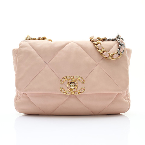 CHANEL 香奈兒 19 Flap 鍊帶肩背包 淡粉色 菱格紋 羊皮 金扣 AS1160