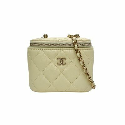 CHANEL 淡黃色 荔枝牛皮鐳射標 金扣 方盒子化妝包 帶鏡子 11cm
