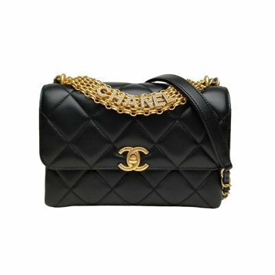 CHANEL 22S 口蓋包 23cm 黑色 羊皮 晶片開 金扣 水鑽LOGO多鏈條
