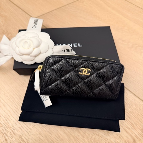 Chanel 荔枝牛皮 黑金 拉鏈零錢卡夾 全新附購證