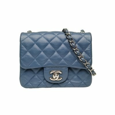 CHANEL CF 口蓋包 方胖子 17cm 藍色 荔枝牛皮20開 銀扣