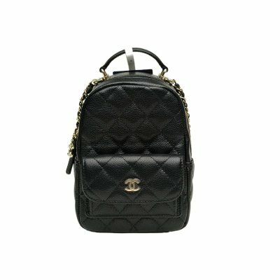 CHANEL 手提前口袋雙肩包 13cm 黑色 荔枝牛皮雷射標 淺金扣