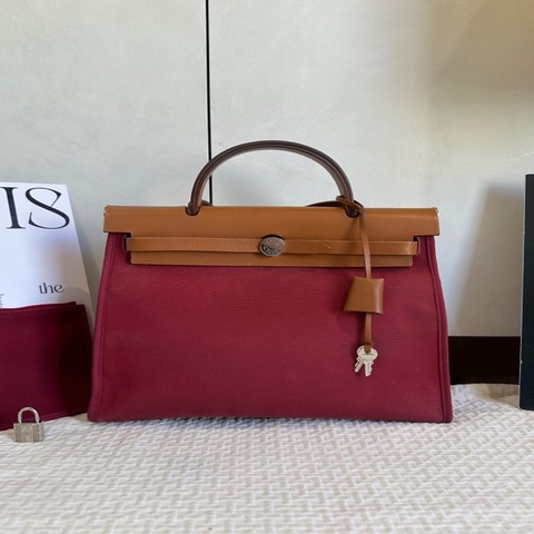 Hermes 愛馬仕 紅拼棕Herbag 銀扣 底長31