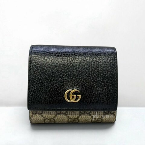 A13518-Gucci 黑色牛皮拚老花雙G壓釦二折中短夾598587