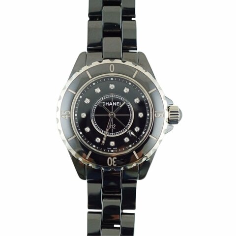 CHANEL 香奈兒 J12 12鑽黑色陶瓷日誌石英錶(33mm)