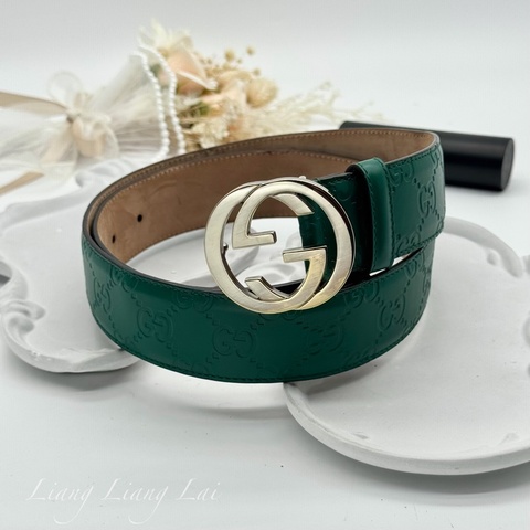 GUCCI 古馳 經典 Guccissima GG 壓紋金扣綠色皮帶｜腰帶