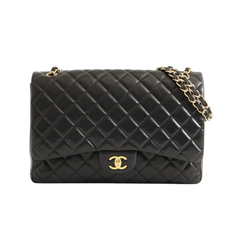 CHANEL 香奈兒 Maxi Flap 鍊帶 肩背包 黑色 菱格紋 羊皮 金扣 無卡 A58601