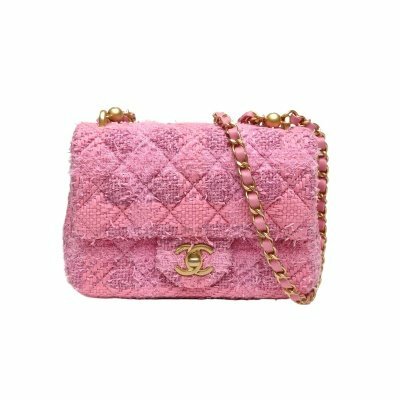 CHANEL 粉色 毛呢 芯片開 金扣 24P編織珍珠鏈條方胖子