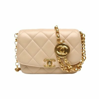 CHANEL CF口蓋包 方胖子 17cm 米色 羊皮 30開 金扣 金幣雕花