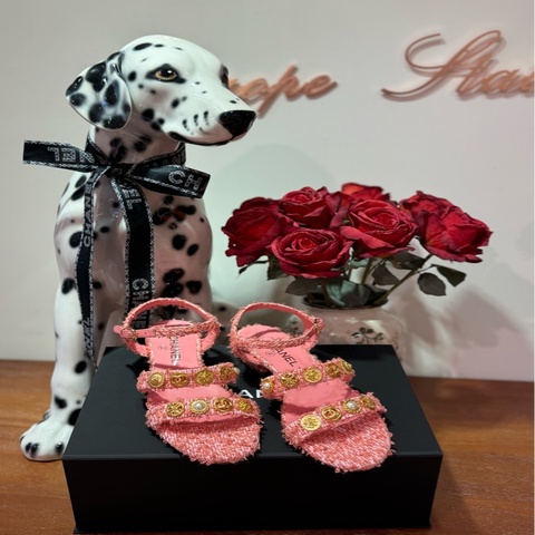 Chanel Pink Cotton Tweed & Jewel-Embellished Flat Sandals Featuring Gold CC Logo & Pearl Accents