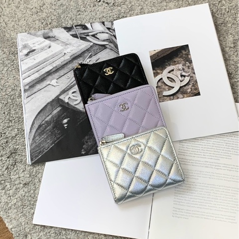 Chanel L型銀色拉鍊卡包
