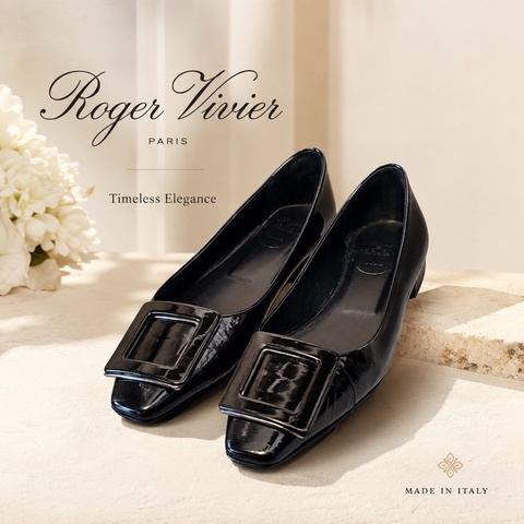 正品 Roger Vivier 經典黑色漆皮同色方扣平底鞋 尺寸36.5