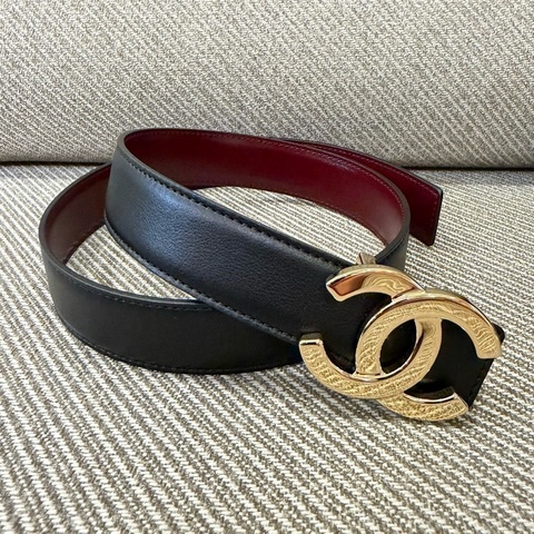Chanel 經典logo 金釦黑棕雙面皮帶